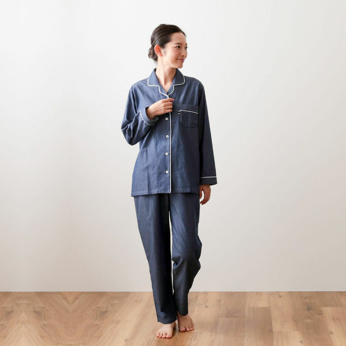 レディース｜岡山デニム ストライプ柄 衿なし 全開 長袖 パジャマ